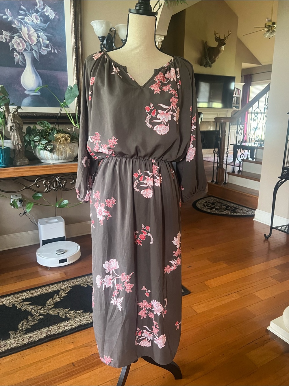Women's Brown Midi Dress with Pink Floral Print